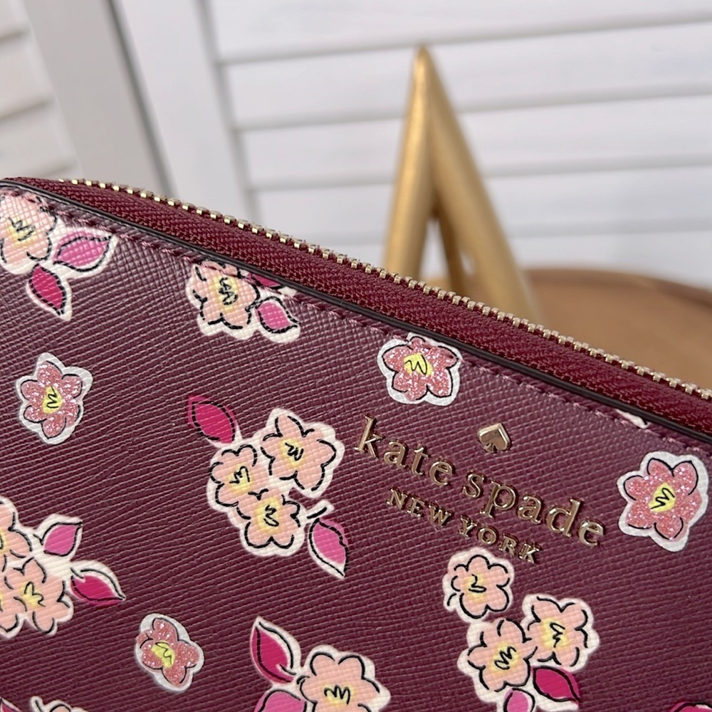 KATE SPADE l Tinsel Wallet Limited Edition Zip Around Floral Glitter Deep Berry - Picture 4 of 11